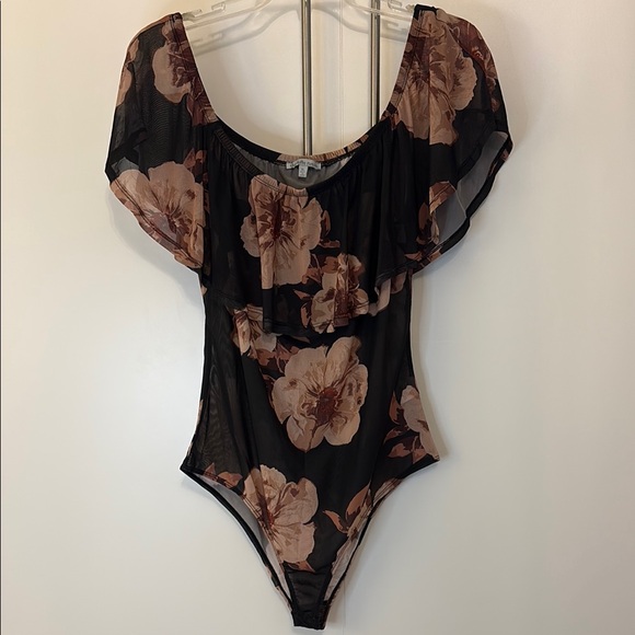 Charlotte Russe Black and Cream Bodysuit with Ruffle Sheer Elegance - Picture 1 of 6
